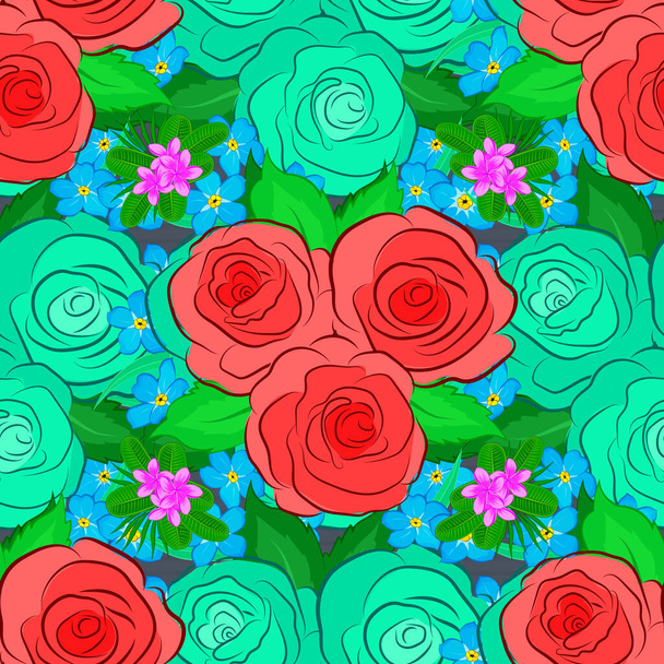 Trendy print met aquarel ditsy rozenbloemen en groene bladeren op een grijze achtergrond. Mooi vector naadloos patroon voor decoratie en design. Exquise patroon met roos bloemen in vintage stijl - Vector, afbeelding