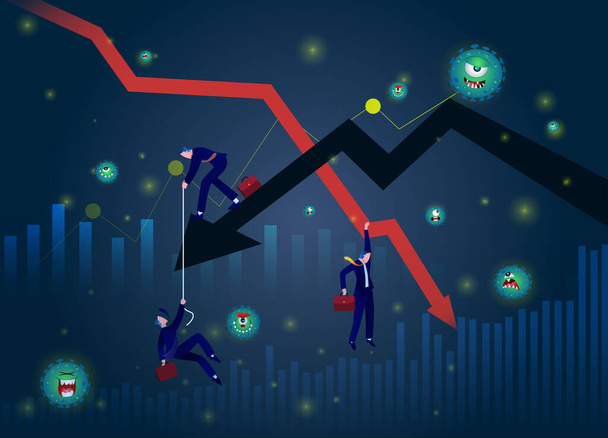 Stock Markets plunge from novel COVID-19 virus fear. world investment price fall down or collapse from outbreak of Coronavirus. Business concept vector illustration. Chart Falling businessman and falling down arrow. Crisis graphic. Business fail. - Vector, Image