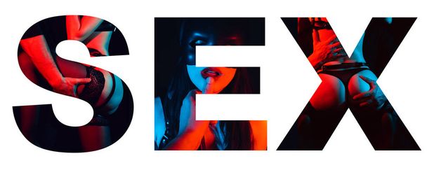Texto creativo Sexo sobre un fondo blanco. Collage de escenas sexuales
 - Foto, imagen