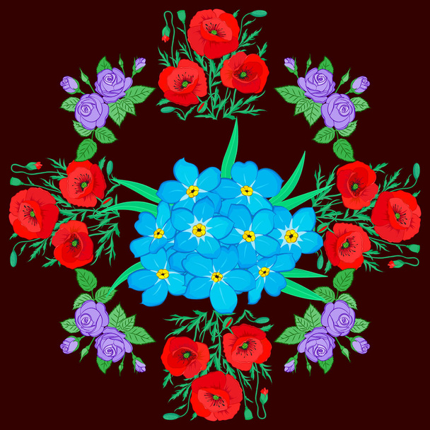 Moderne bonte bloemige naadloze patroon in rode, bruine en groene kleuren. Bloemenprint. Herhalen vector vergeet-mij-niet bloemen patroon. - Vector, afbeelding