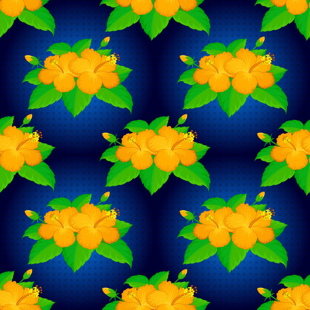 Векторні ілюстрації. Яскравий гавайський дизайн з векторними тропічними рослинами і жовтими, синіми і зеленими квітами гібіскусу
. - Вектор, зображення