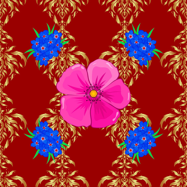 Abstracte elegantie naadloos patroon met bloemmotieven op een rode achtergrond. Decoratieve kosmos bloemen herhalen patroon. Vectorillustratie. - Vector, afbeelding