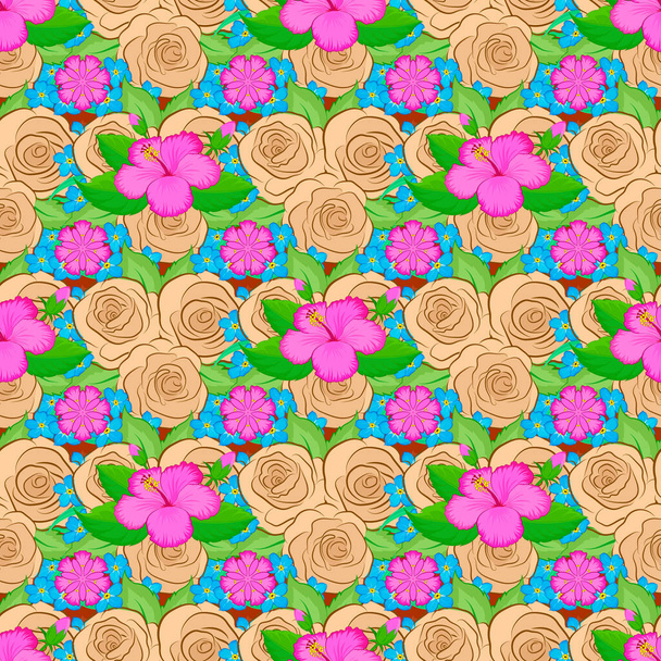 緑、ピンク、ベージュ色のベクトルハイビスカスの花や芽レトロなシームレスなパターンイラスト. - ベクター画像