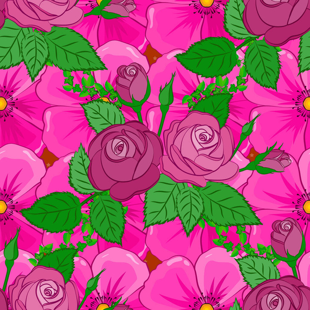 Διάνυσμα απρόσκοπτη μοτίβο φόντου με στυλιζαρισμένα λουλούδια τριαντάφυλλο και πράσινα φύλλα σε ροζ, ματζέντα και πράσινα χρώματα. - Διάνυσμα, εικόνα