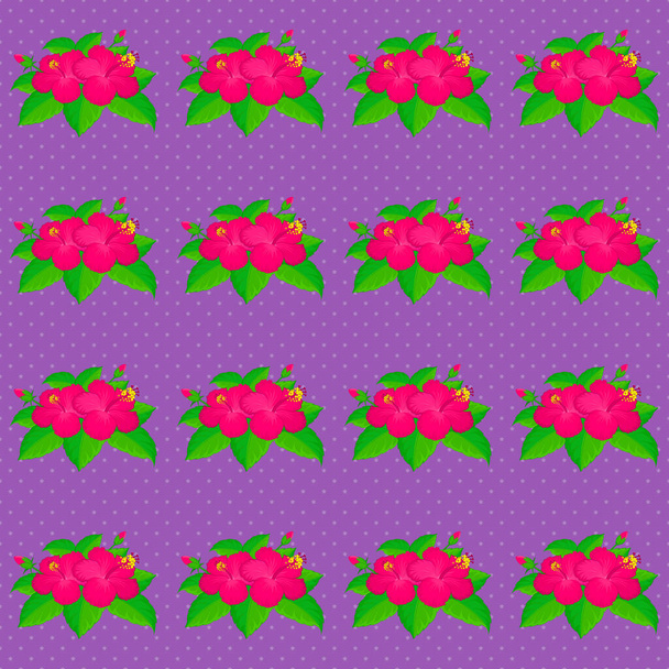 Leuchtendes hawaiianisches nahtloses Muster mit grünen, magenta und violetten tropischen Hibiskusblüten. - Vektor, Bild