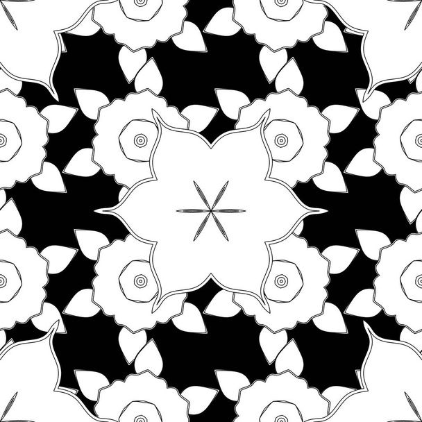 Bezešvé abstraktní prvky v bílých barvách na černém pozadí. Damaskův vektorový klasický vzorec. Orientace pozadí s neuspořádanými opakujícími se prvky. - Vektor, obrázek