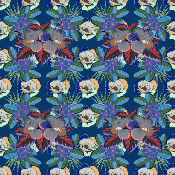 Яскравий гавайський безшовний візерунок з сірими, коричневими і синіми тропічними квітами гібіскуса
. - Вектор, зображення
