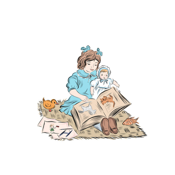  Küçük kız bebek kitap okuyor. Çocukların Kız Oyunları. - Vektör, Görsel