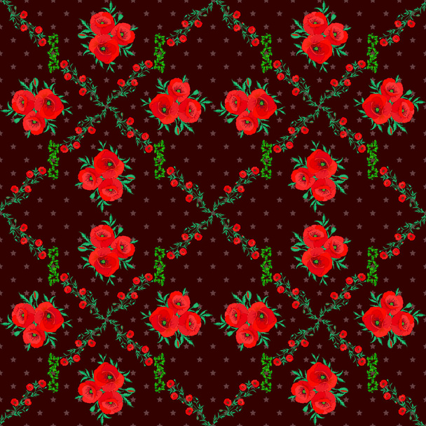 Hand painted illustration in brown, red and green colors. Raster multicolored poppy flowers seamless pattern. - Vector, Image