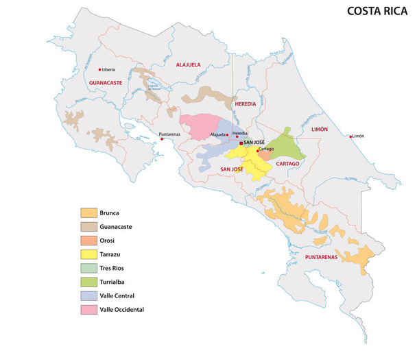 Karte der Kaffeeanbaugebiete Costa Ricas - Vektor, Bild