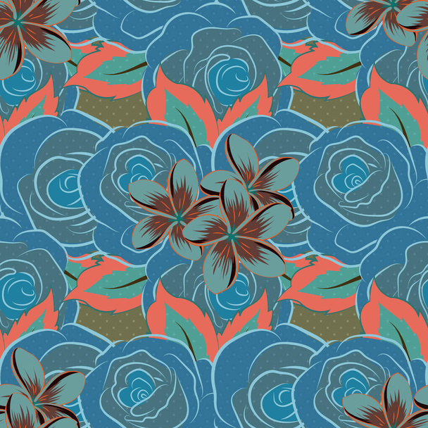 Floral background with stylized roses. Hand drawn vector seamless pattern - orange, blue and pink roses with petals. - Vettoriali, immagini