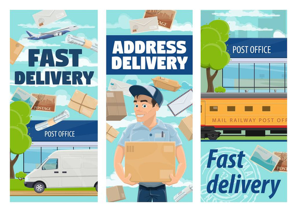 Freight and parcels mail delivery vector design. Cartoon courier or postman, van, airplane and railway train post, parcel shipping service. Express delivery, post office and mailman with box in hands - Vector, Image