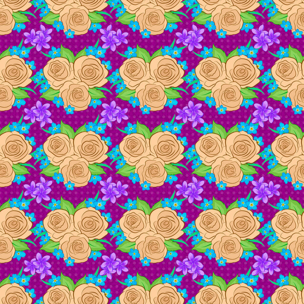 抽象的なバラの花や紫色の背景に緑の葉の水彩ブーケとロマンチックなシームレスパターン。背景、織物、包装紙、グリーティングカードのために。ベクターイラスト. - ベクター画像