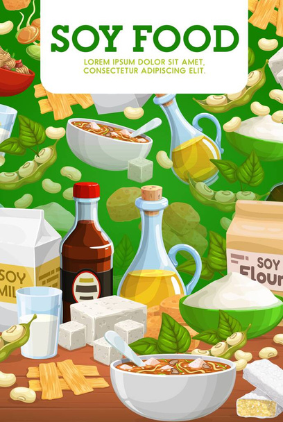 Żywność sojowa i produkty z soi. Zupa Miso z sosem sojowym i tofu, mleko sojowe i olej, mąka, mięso naturalne składniki żywności ekologicznej. Kuchnia azjatycka, wegetariańskie i wegańskie wektor żywienia - Wektor, obraz