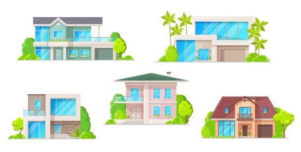 Huizen, cottage en residentiële gebouwen, onroerend goed vector iconen. Cartoon buitengevels van familie huizen, huizen of herenhuis appartementen en villa 's, stedelijke eigendom. Geïsoleerde gebouwen - Vector, afbeelding