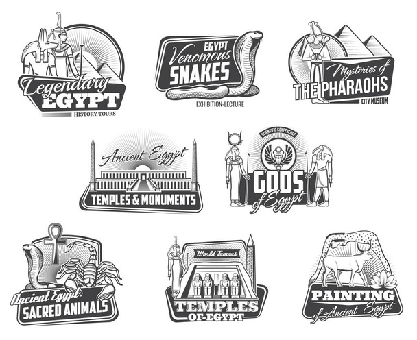 Ancient Egypt isolated vector icons set. Pharaoh pyramids, temples, Egyptian gods and sacred animals snakes scorpio, monuments and Cairo treasures exhibition, paintings museum monochrome travel signs - Vector, Image