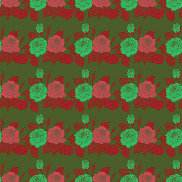 Soft flower print - seamless pattern in green, brown and red colors. Vector illustration. - Vector, Imagen