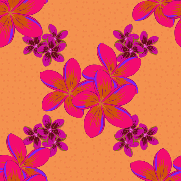 Retro textile design collection. Abstract seamless vector pattern with hand drawn floral elements. Autumn colors. Silk scarf with plumeria flowers in magenta, red and orange colors. 1950s-1960s motifs - Wektor, obraz