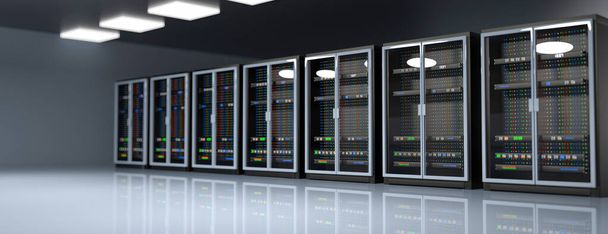 Serverové regály v cloudovém datovém centru serverové místnosti. Hardwarový cluster datového centra. Zálohování, hosting, mainframe, farma a počítačové regály s úložnými informacemi. 3D vykreslování. 3D ilustrace - Fotografie, Obrázek