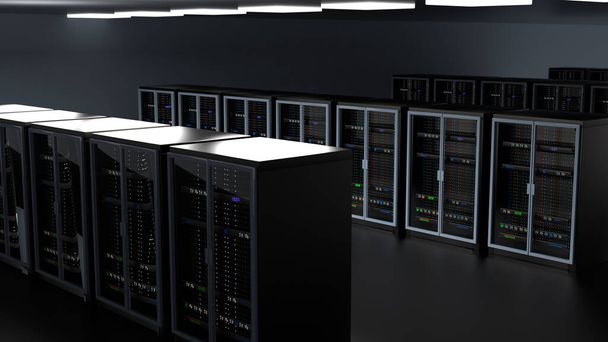 Server-Racks im Cloud-Rechenzentrum des Serverraums. Hardware-Cluster für Rechenzentren. Backup, Hosting, Großrechner, Bauernhof und Computerregal mit Speicherinformationen. 3D-Rendering. 3D-Illustration - Foto, Bild