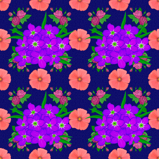 Raster illustration. Seamless pattern with cute primula flowers on a blue background. - Vetor, Imagem