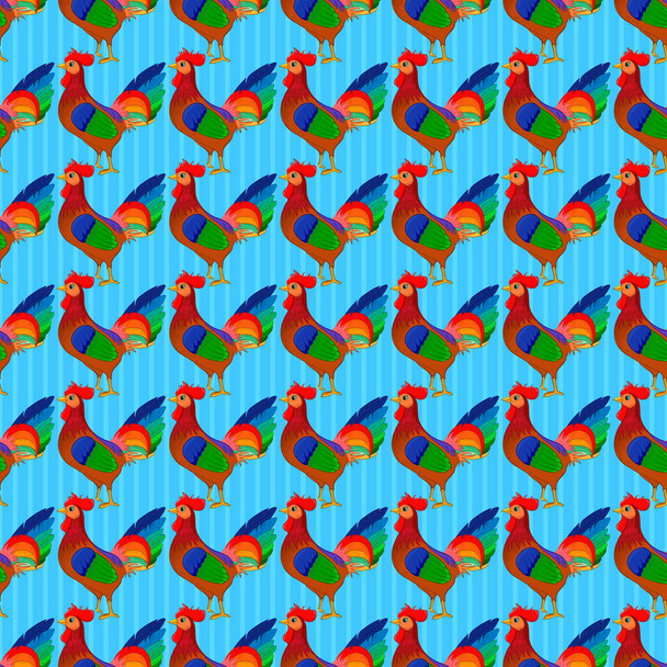 Vector of stylized rooster, hole, spots, cock, doodles on a blue background. Hand drawn. Seamless cock background. - Vecteur, image
