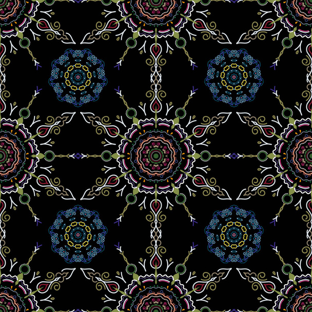 Ikat damasco sin costuras azulejo de fondo sobre fondo negro en colores neutros, rosa y azul
. - Vector, Imagen