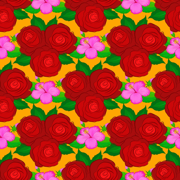 Ένα λουλουδάτο αποτύπωμα. Επαναλαμβανόμενα τριαντάφυλλα και πράσινα φύλλα. Σύγχρονη motley floral αδιάλειπτη μοτίβο σε κίτρινο φόντο. - Διάνυσμα, εικόνα