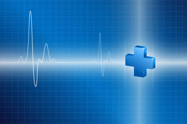 Plus znak na niebieskim abstrakcyjnym tle. Symbol 3d krzyża dla opieki zdrowotnej, medycznej i apteki. Projekt renderowania 3D. - Zdjęcie, obraz