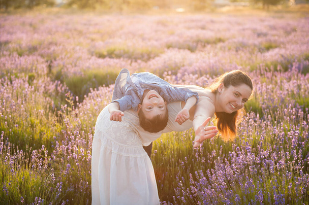 funny happy family smiling little boy lying on mother back during summer leisure vacation on flower purple meadow - Foto, Imagem