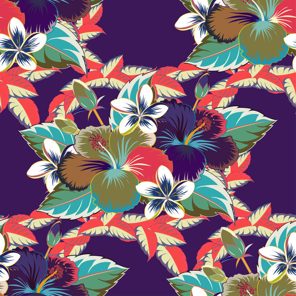 Vector illustration of red, gray and violet hibiscus flowers. Vector illustration. Seamless pattern with red, gray and violet flowers. - Vector, Imagen