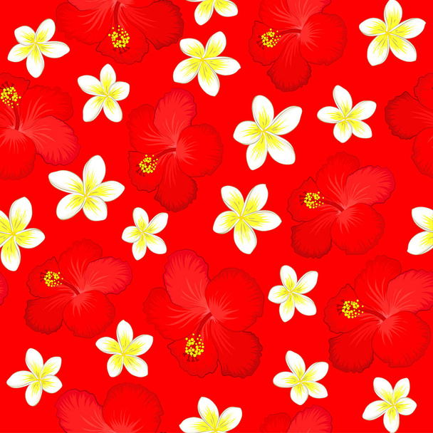 Vector illustration. Floral vintage seamless pattern on a red background. Cute vector hibiscus flowers print. - Vector, Image