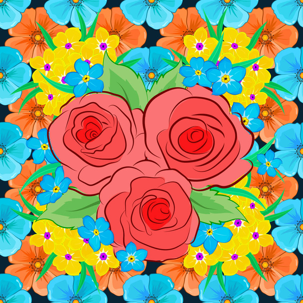 ベクトルイラスト。抽象的なバラの花や青の背景に緑の葉の水彩ブーケとロマンチックなシームレスパターン。背景、織物、包装紙、グリーティングカードのために. - ベクター画像