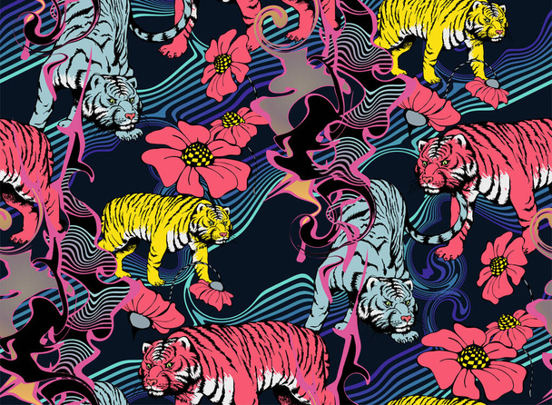 Seamless pattern of tiger and flowers. Suitable for fabric, mural, wrapping paper and the like. Vector illustration - Vector, Image
