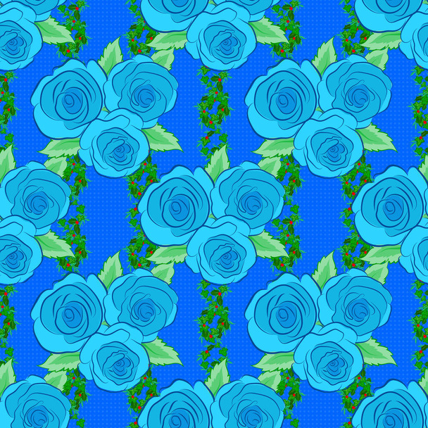 Bloemen vintage naadloos patroon op een blauwe achtergrond. Leuke raster roos bloemen en groene bladeren print. Rasterillustratie. - Vector, afbeelding