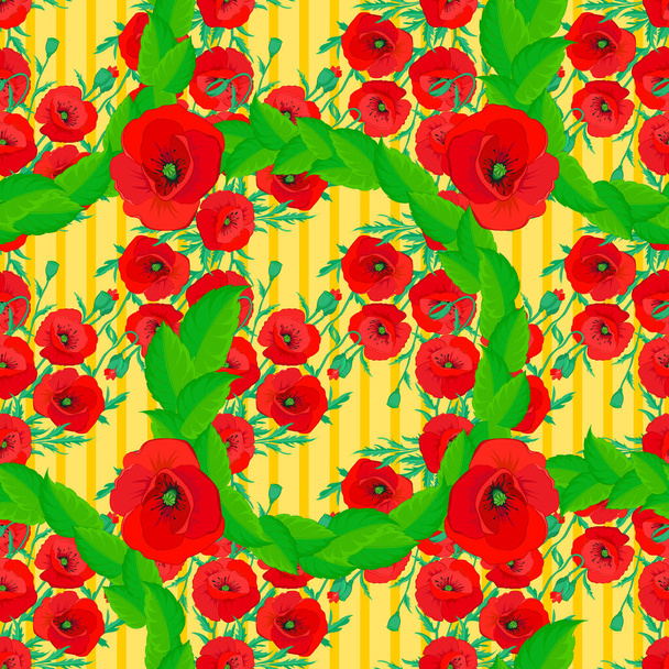 On a yellow backgroundVC seamless background pattern with tropical leaves and flowers on a yellow background. - Wektor, obraz