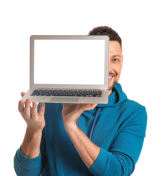 bel homme avec ordinateur portable sur fond blanc
 - Photo, image