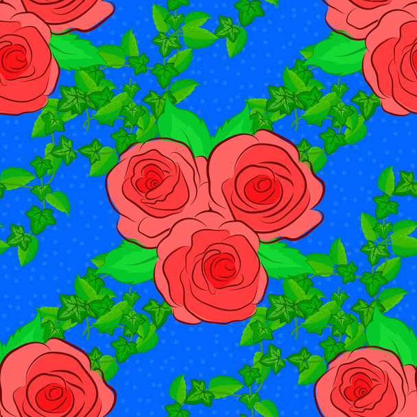 Padrão sem costura floral. Ilustração do eleitor. Papel de primavera com abstrato bonito rosa flores e folhas verdes em um fundo azul. - Vetor, Imagem