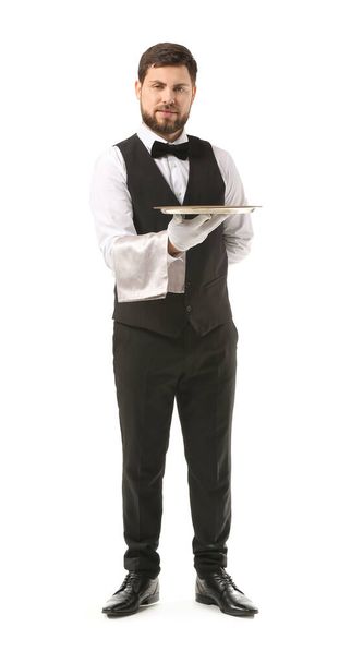 Przystojny kelner na białym tle - Zdjęcie, obraz