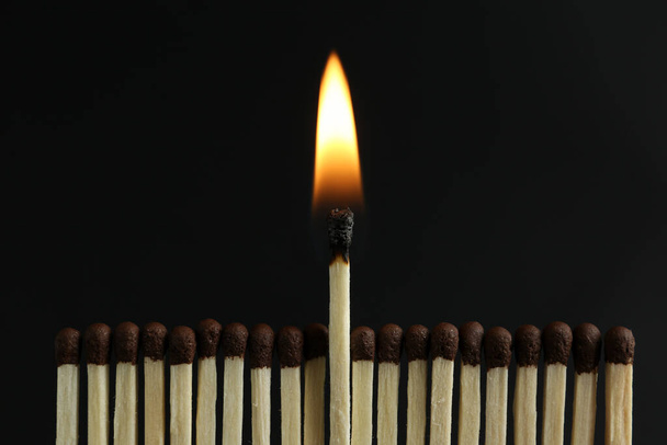 Burning match among unlit ones on black background, closeup - Valokuva, kuva