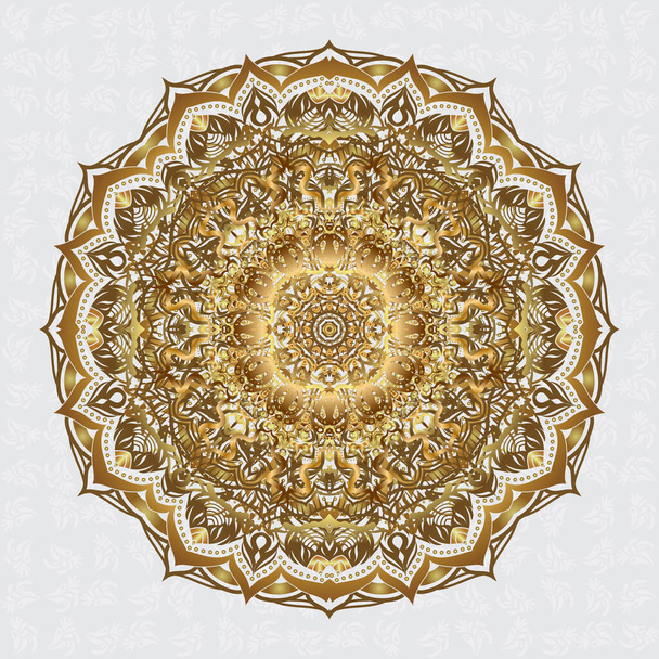 East, Islam, Indian, motifs. Ethnic texture. Gold. Wedding, holiday card. Arabic Mandala pattern on gray background. Orient, symmetry lace, fabric. Vintage vector decorative ornament. - Vector, imagen