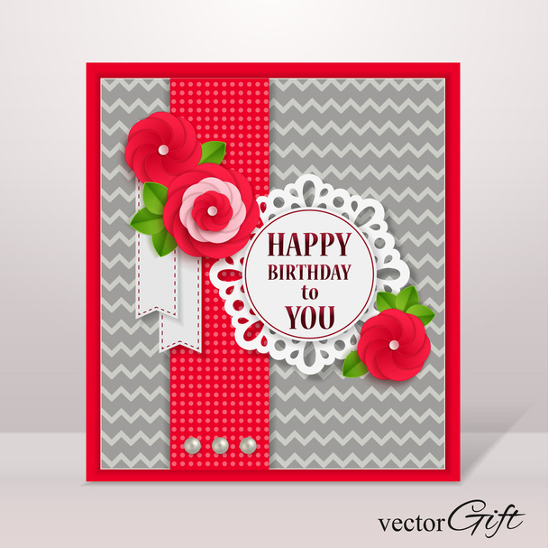 Happy Birthday to You floral background with paper flowers and scrapbook elements - Vektor, kép