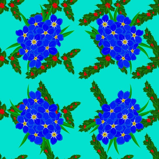 秋の色。忘れと絹のスカーフ-青の背景に私ではない花。1950年代から1960年代のモチーフ。レトロなテキスタイルデザインコレクション。手描きの花の要素を持つ抽象的なシームレスベクトルパターン. - ベクター画像