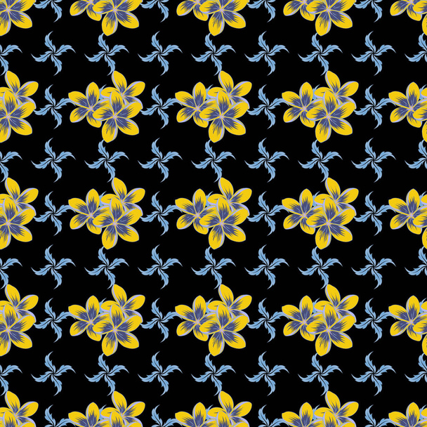 1950-1960 motifleri. Retro tekstil tasarım koleksiyonu. Sonbahar renkleri. El çizimi çiçek unsurları olan soyut, pürüzsüz vektör deseni. Plumeria çiçekli ipek eşarp sarı, gri ve mavi renklerde.. - Vektör, Görsel