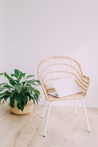 Intérieur blanc avec une chaise en rotin. La chaise est sur un plancher en bois, sur elle se trouve un portable gris. Atmosphère agréable et style écologique. - Photo, image