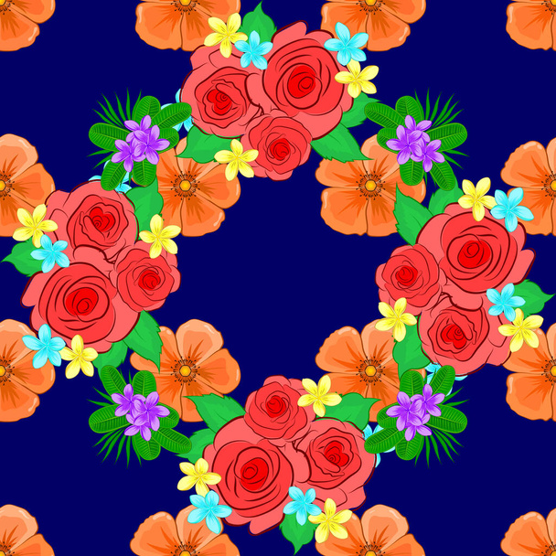 Vector floral seamless pattern. Background of a orange, green and blue painted roses and green leaves. - ベクター画像
