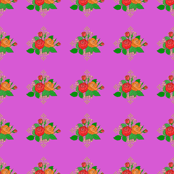 Bright beautiful rose flowers and green leaves seamless background. Abstract cute floral print in orange and violet colors. Vector illustration. - Vettoriali, immagini
