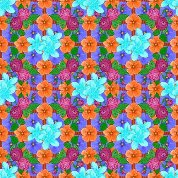 Stock illustration. Seamless pattern of abstrat plumeria flowers in blue, orange and violet colors. Vintage style. - Wektor, obraz