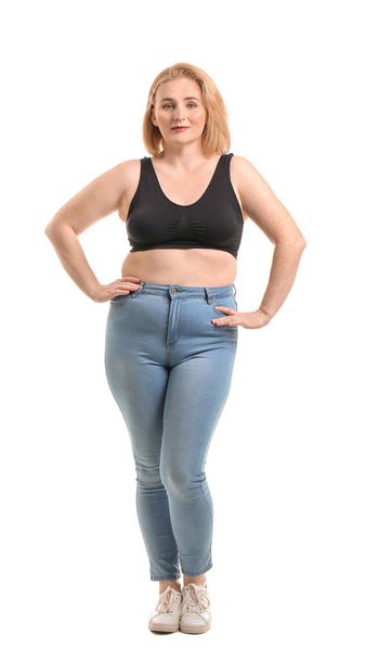 Overweight woman on white background - Foto, afbeelding