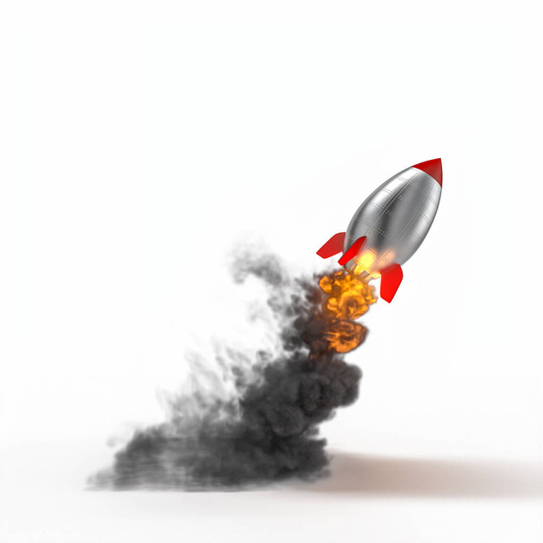 vintage cartoon metal rocket taking off with a lot of smoke and flames in sight. on white background. 3d render. concept of starting, success. - Photo, Image